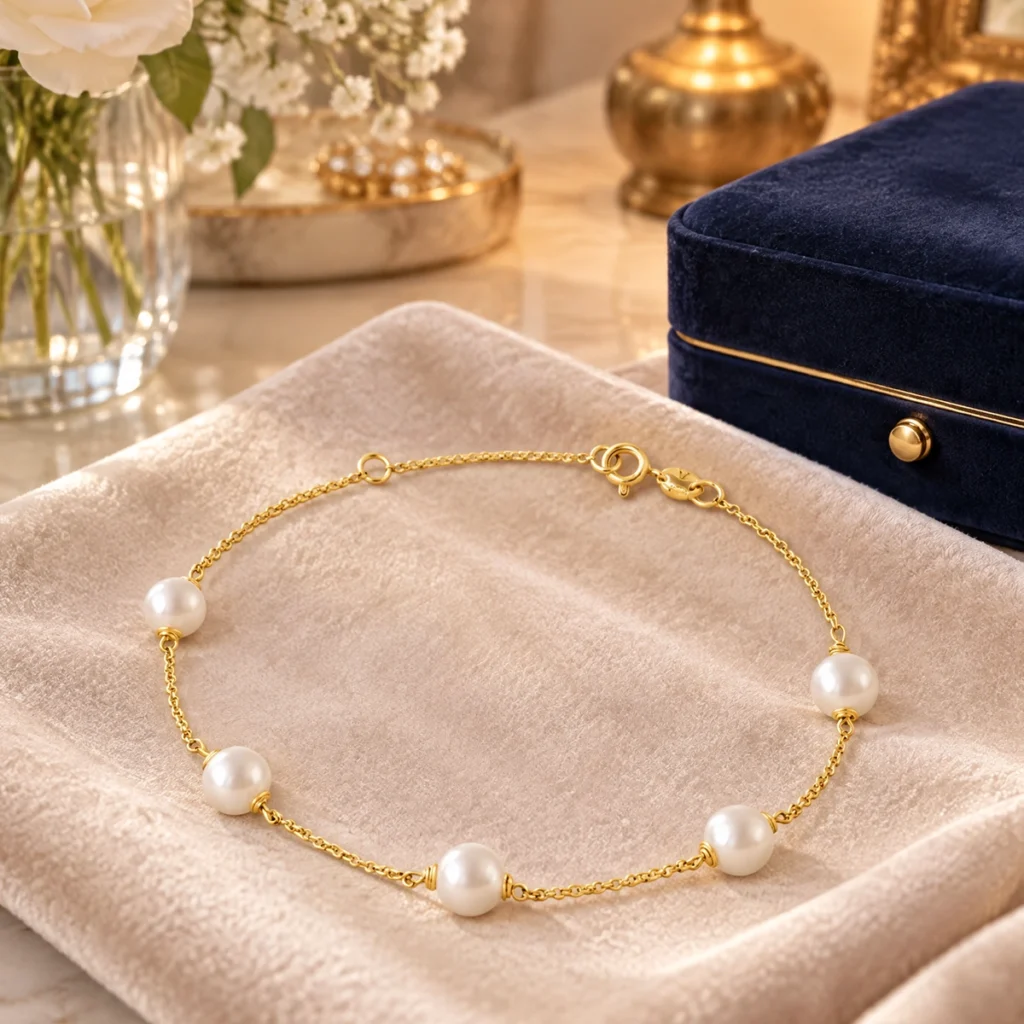 Pulseira de ouro com pérola em ouro 18k: Pulseira Una com Pérolas, da KMS Joias