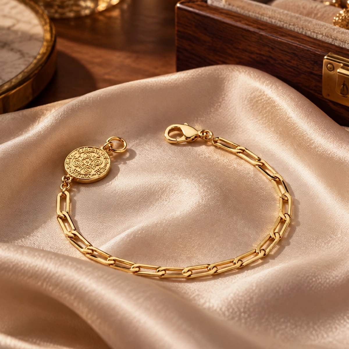 Pulseira são bento em ouro 18k: Pulseira Cruz de São Bento, da KMS Joias