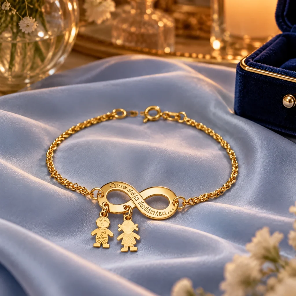 Pulseira com pingente de filhos em ouro 18k: Pulseira Infinito Filhos, da KMS Joias