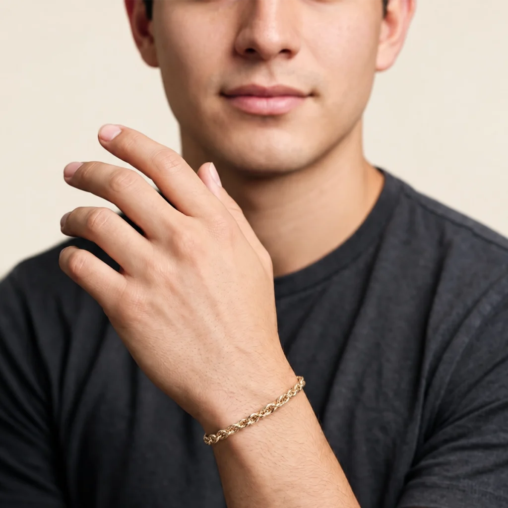 Pulseira trançada em ouro 18k no pulso, em foto com modelo (outro ângulo)