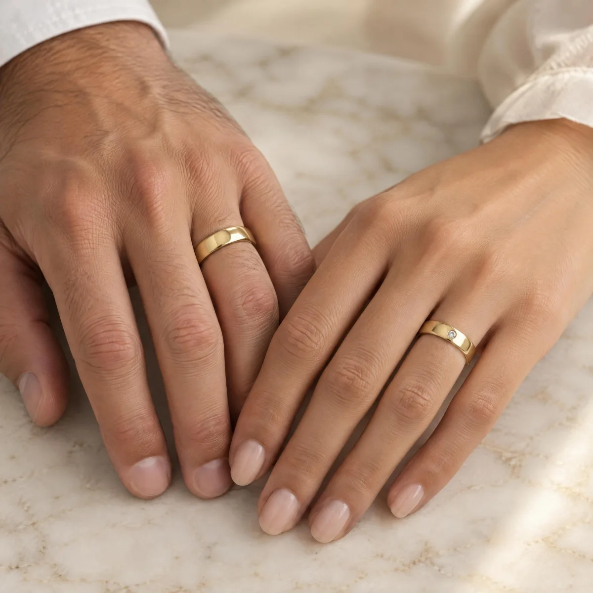 Aliança Abaulada Lisa com Pedra em ouro 18k, nas mãos de um casal