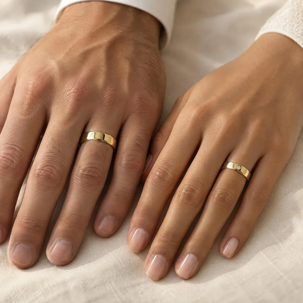 Aliança Chanfrada com Pedra em ouro 18k, nas mãos de um casal