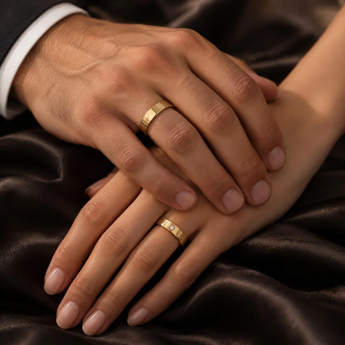 Aliança Chanfrada Larga com Pedra em ouro 18k, nas mãos de um casal
