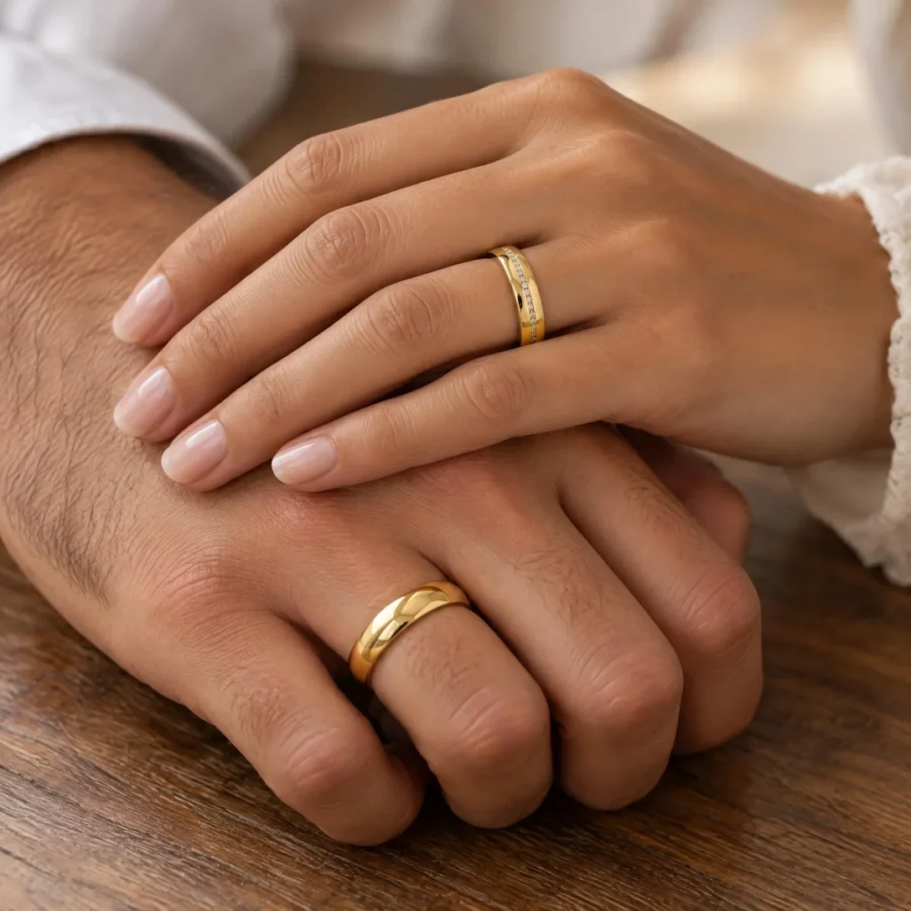 Aliança com Zircônia em Fileira Lateral em ouro 18k, nas mãos de um casal