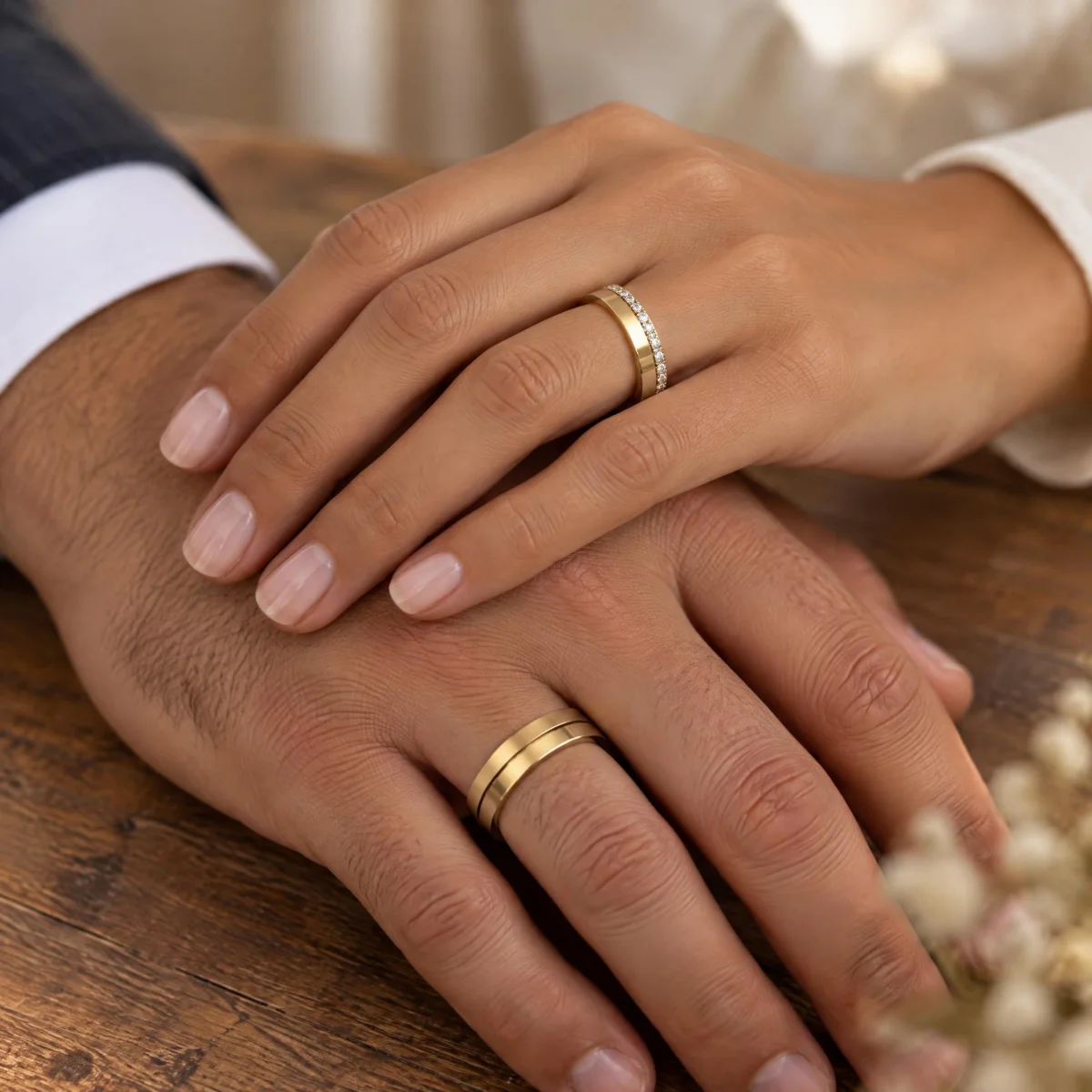Aliança com Zircônia em Fileira no Aro Feminino em ouro 18k, nas mãos de um casal
