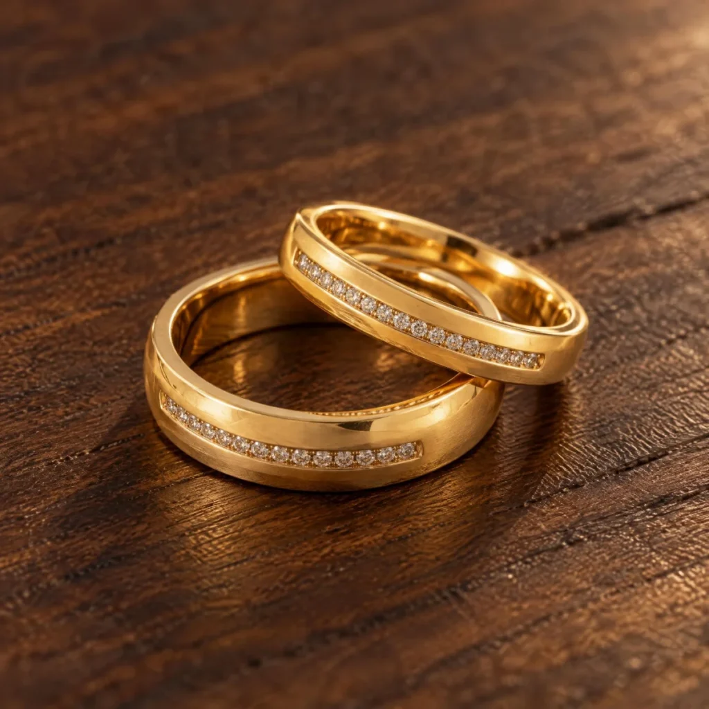 Aliança com Zircônia na Lateral do Aro em ouro 18k, em foto de estúdio