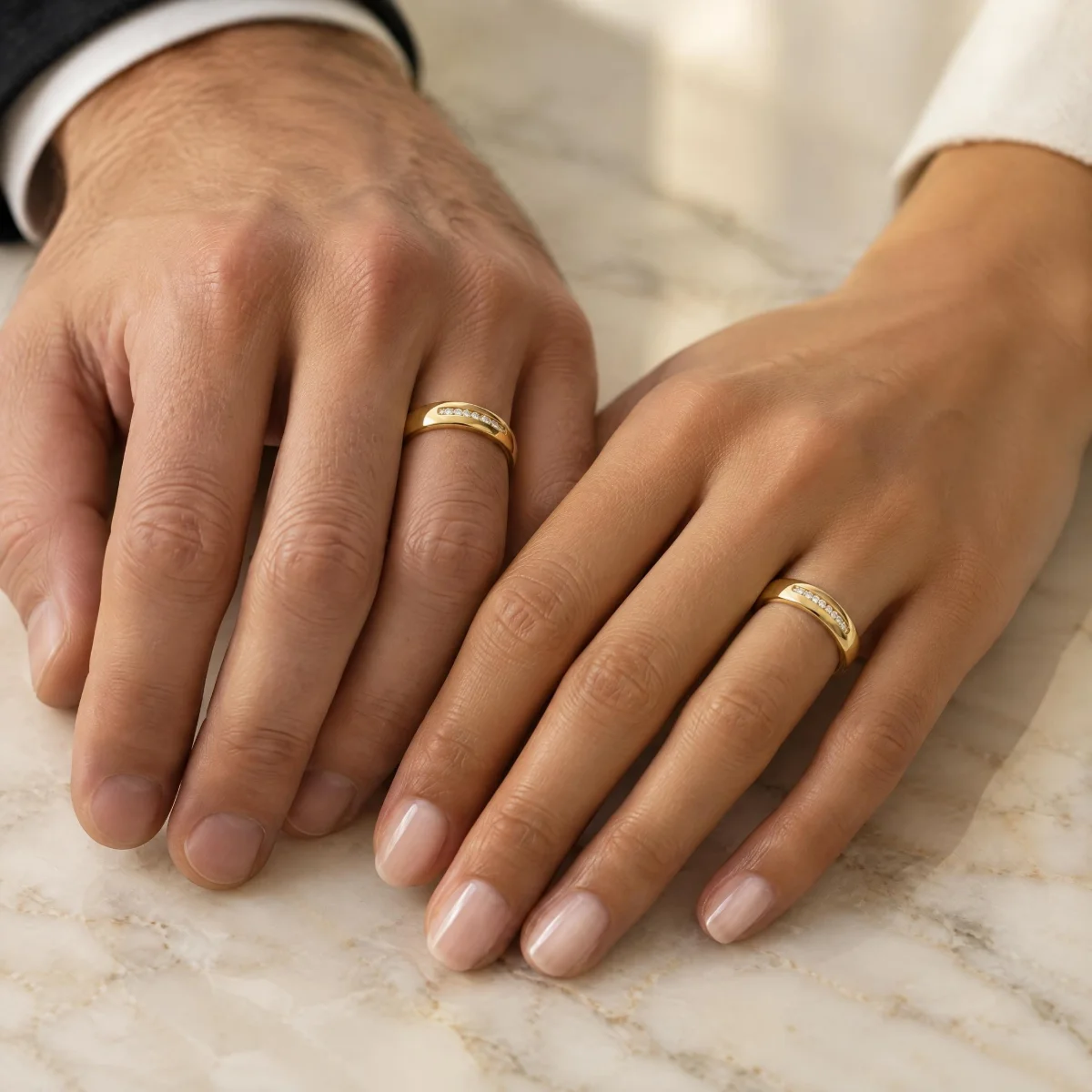 Aliança com Zircônia na Lateral do Aro em ouro 18k, nas mãos de um casal