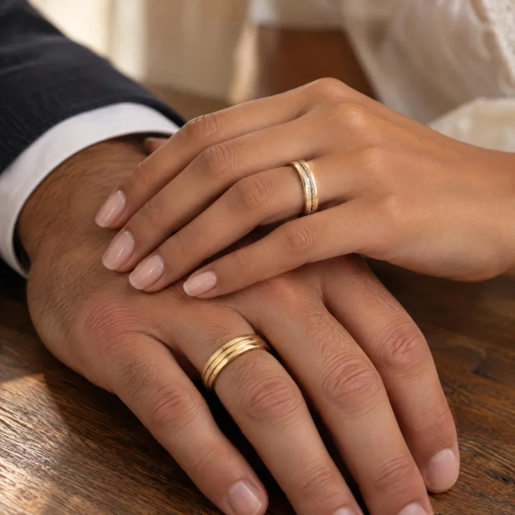 Aliança Cravejada com Duas Fileiras e Frisos em ouro 18k, nas mãos de um casal