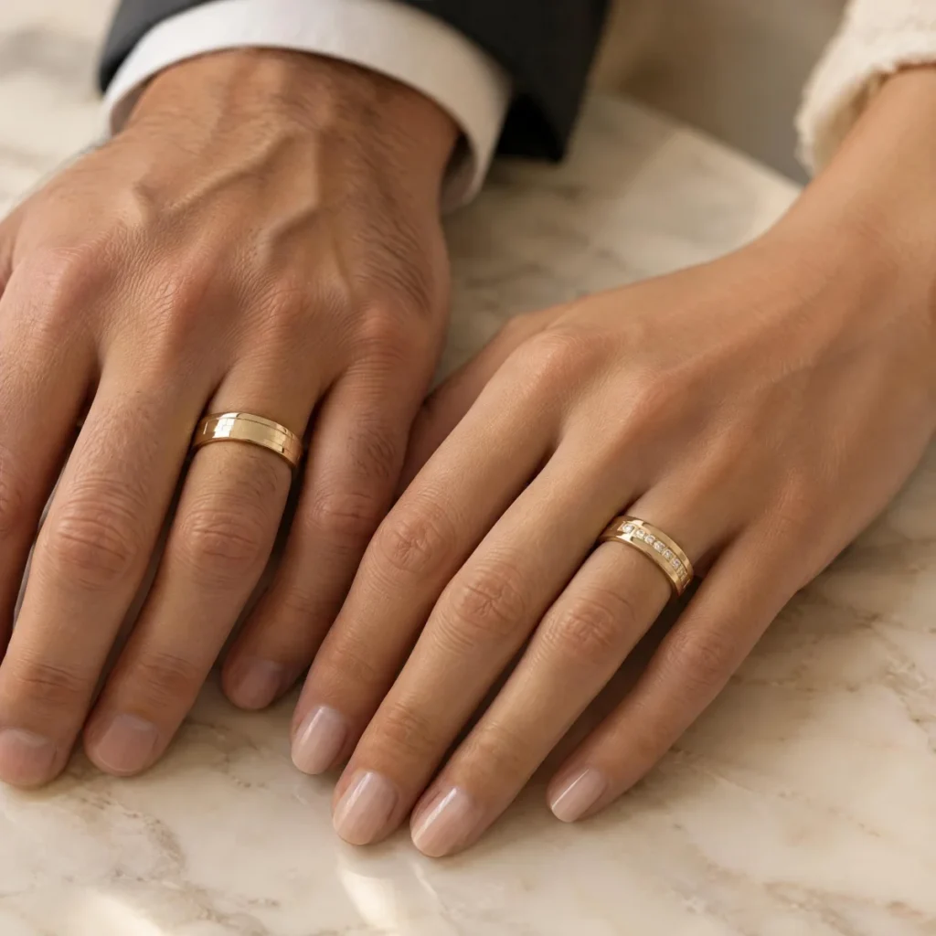 Aliança Cravejada com Friso Quadriculado em ouro 18k, nas mãos de um casal