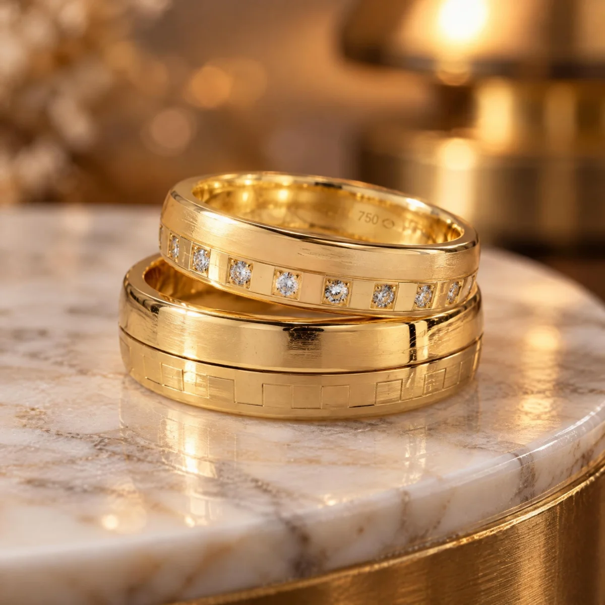 Aliança Cravejada com Friso Quadriculado em ouro 18k, em foto de estúdio