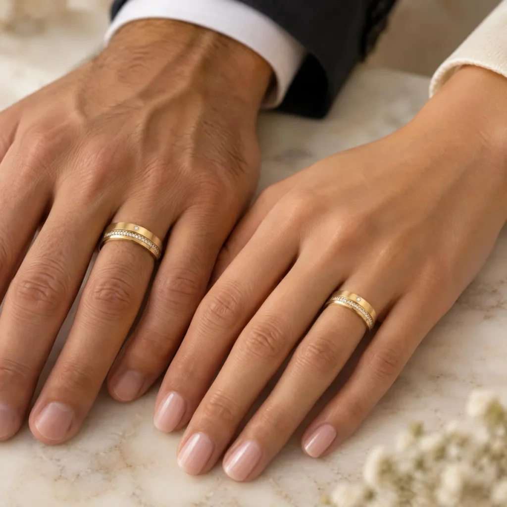 Aliança Cravejada com Pedra Central em Destaque em ouro 18k, nas mãos de um casal