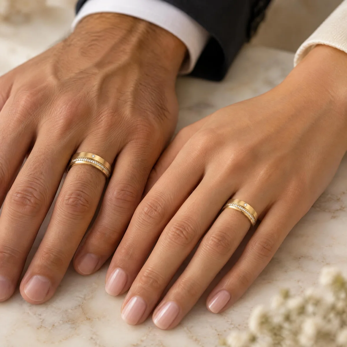 Aliança Cravejada com Pedra Central em Destaque em ouro 18k, nas mãos de um casal