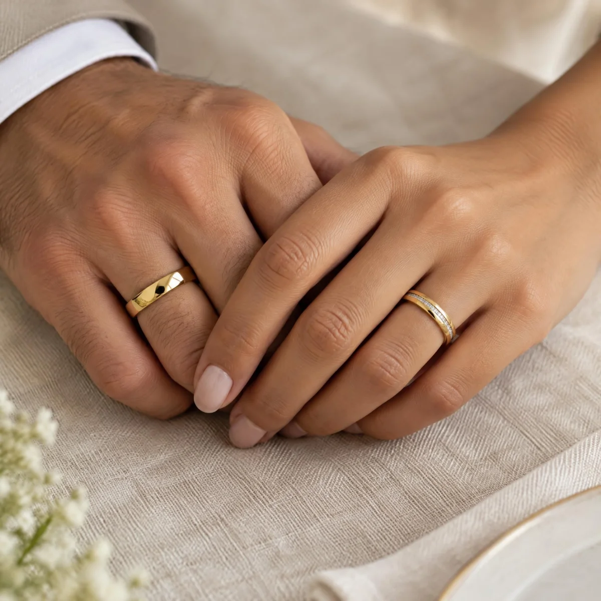 Aliança Cravejada em Fileira Lateral em ouro 18k, nas mãos de um casal