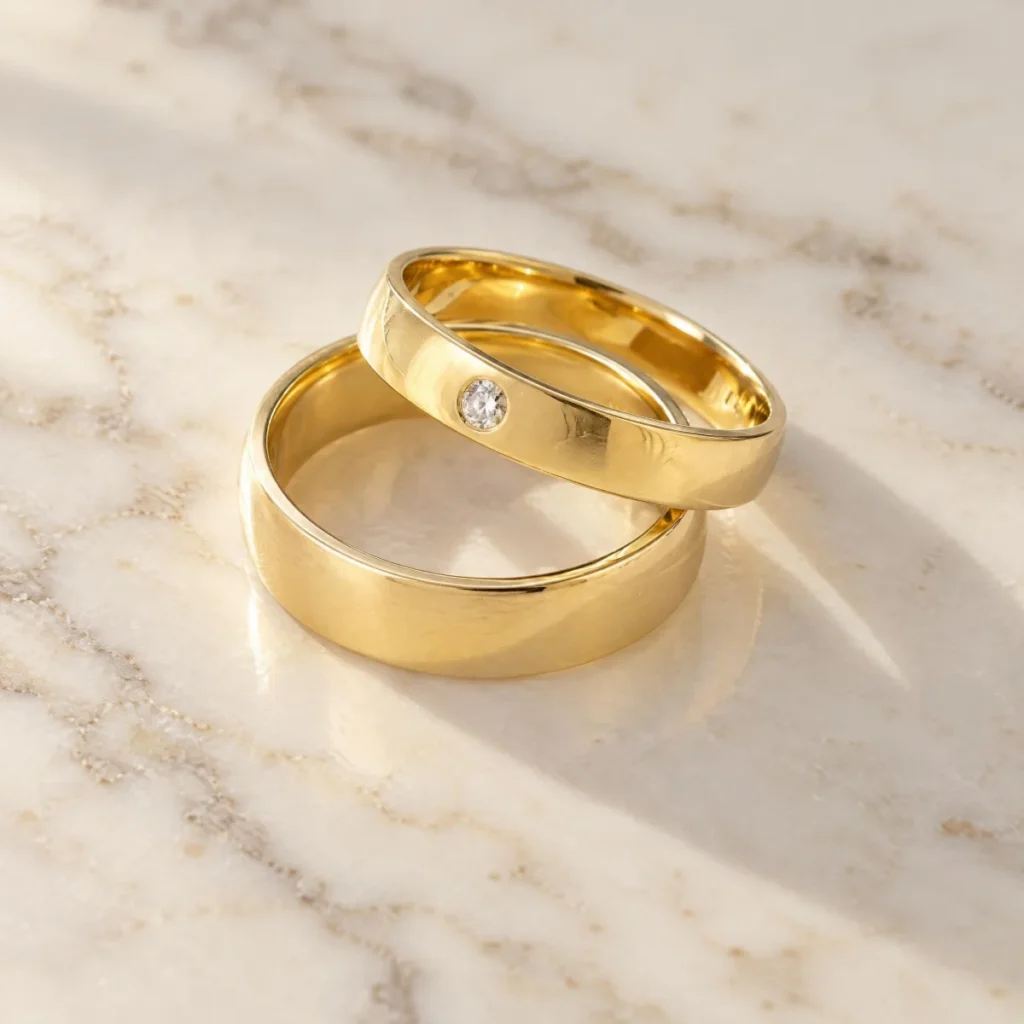Aliança de Casamento com Pedra Abaulada em ouro 18k, em foto de estúdio