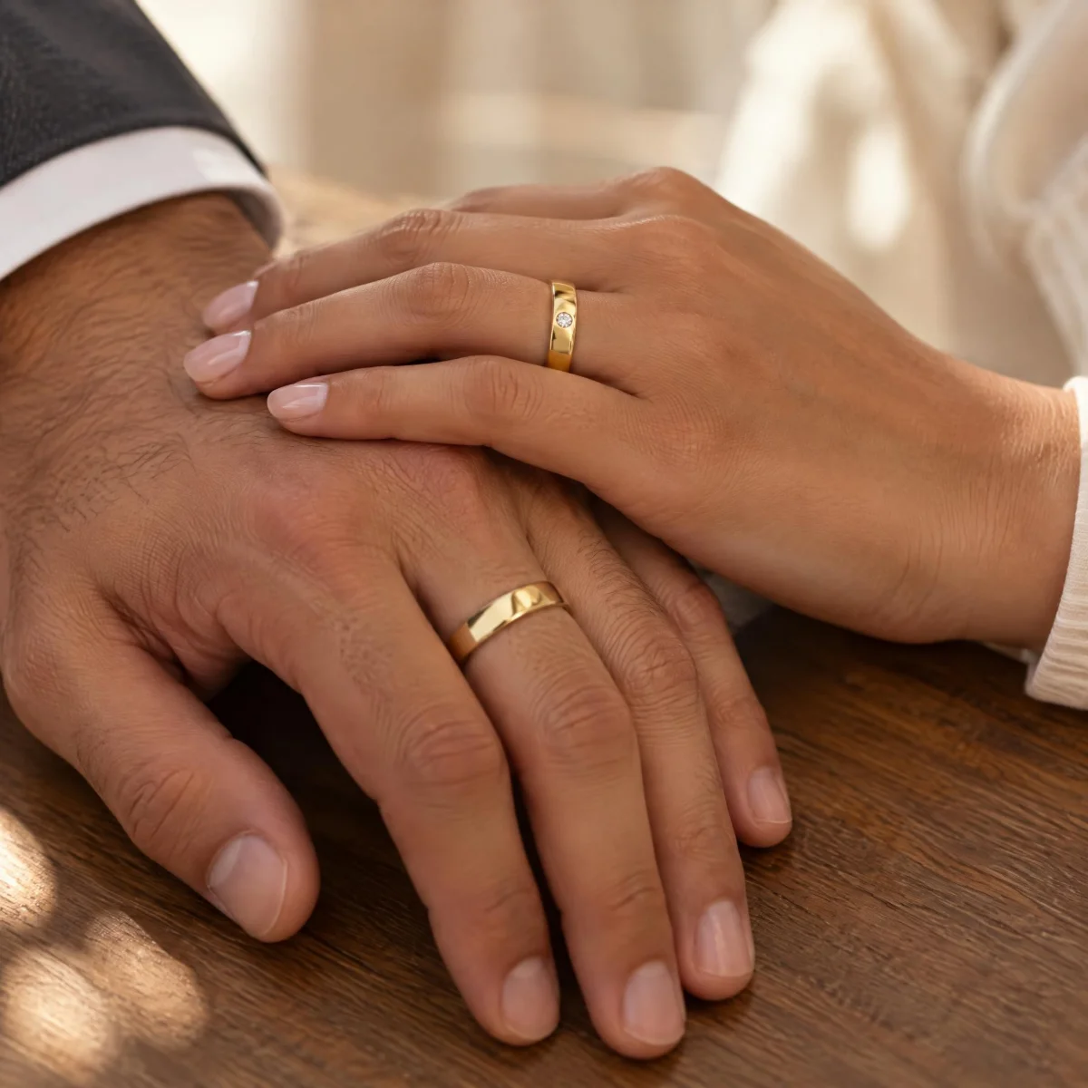 Aliança de Casamento com Pedra Abaulada em ouro 18k, nas mãos de um casal
