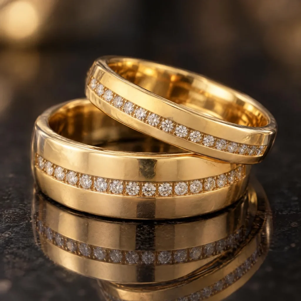 Aliança de Casamento com Pedra em Fileira em ouro 18k, em foto de estúdio
