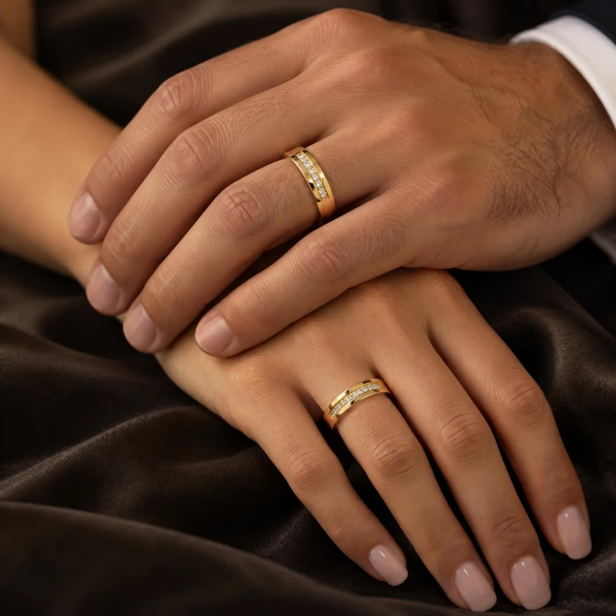 Aliança de Casamento com Pedra em Fileira em ouro 18k, nas mãos de um casal