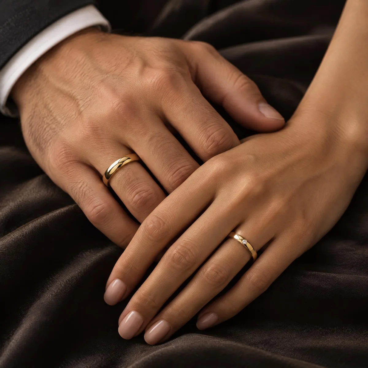 Aliança de Casamento Delicada com Pedra em ouro 18k, nas mãos de um casal