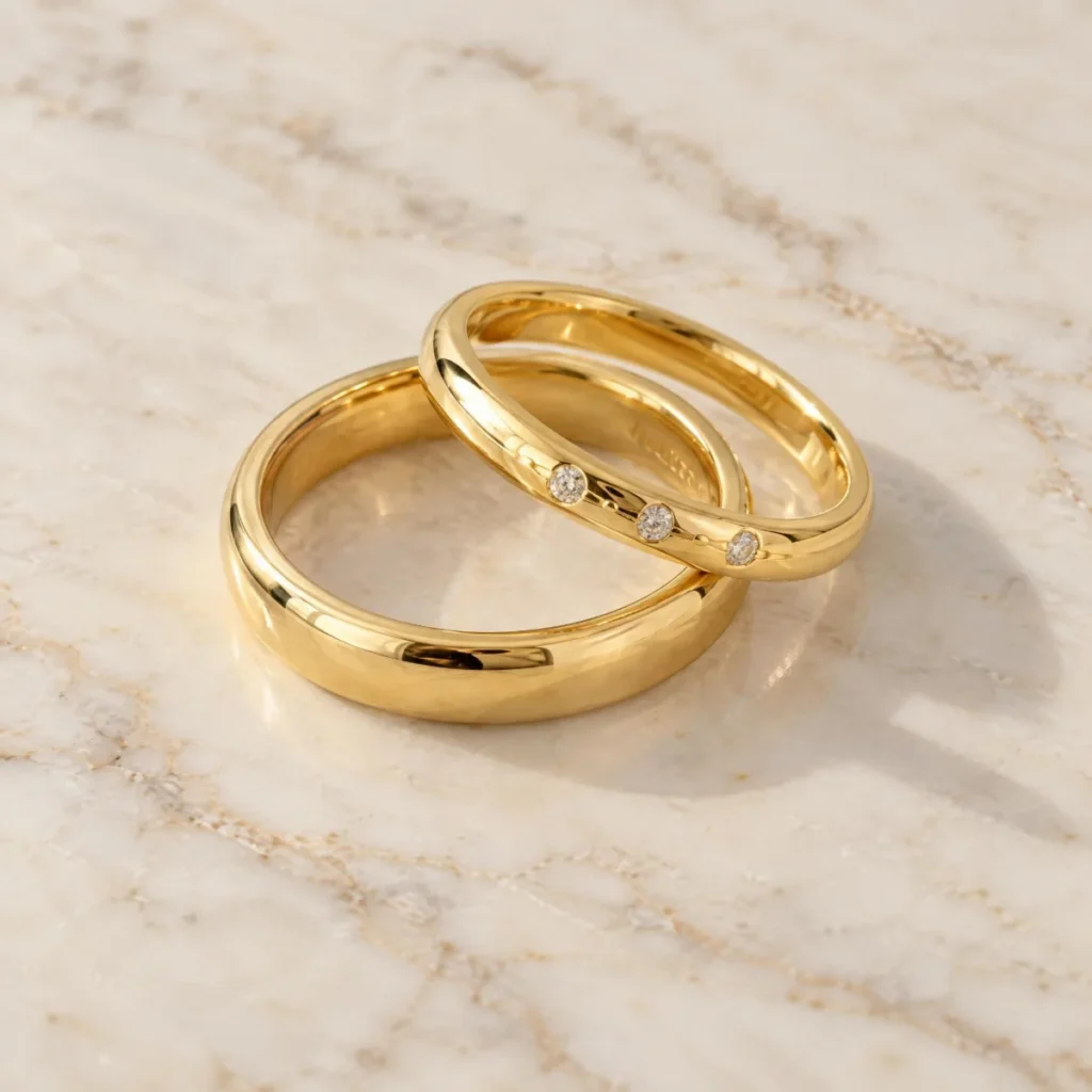 Aliança de Casamento Delicada com Três Pedras em ouro 18k, em foto de estúdio