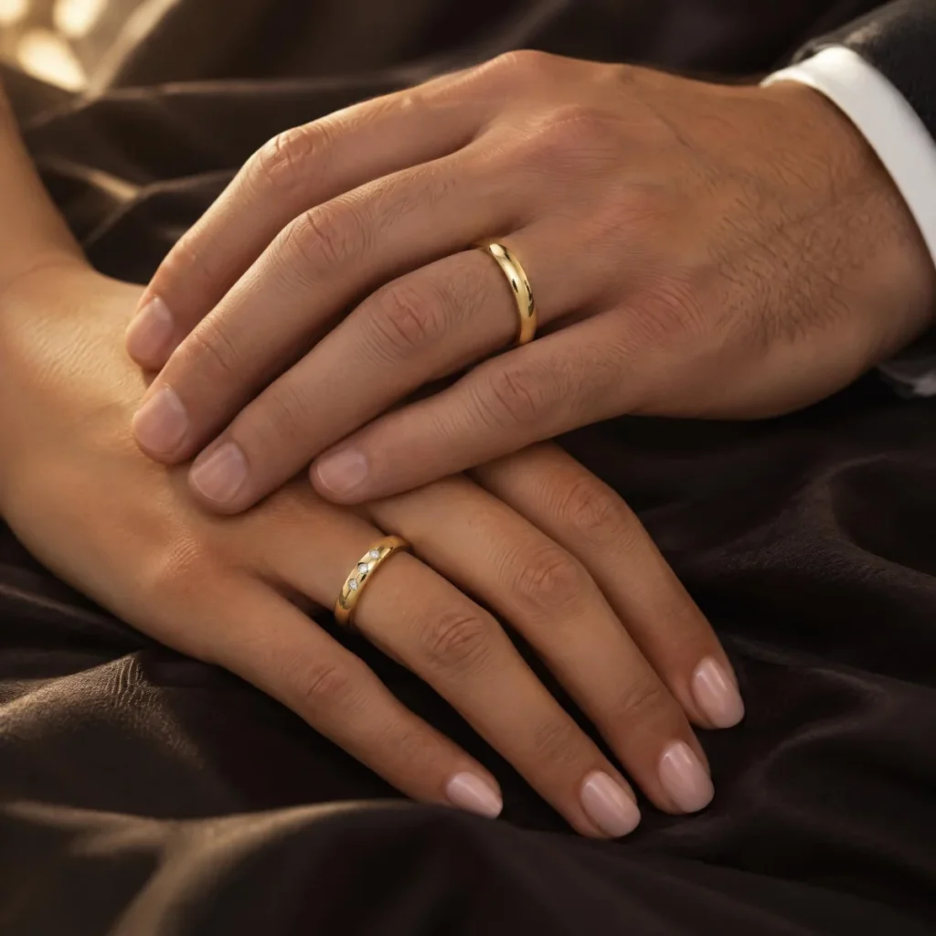 Aliança de Casamento Delicada com Três Pedras em ouro 18k, nas mãos de um casal