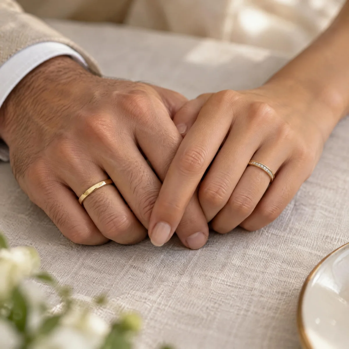 Aliança de Casamento Delicada e Cravejada em ouro 18k, nas mãos de um casal