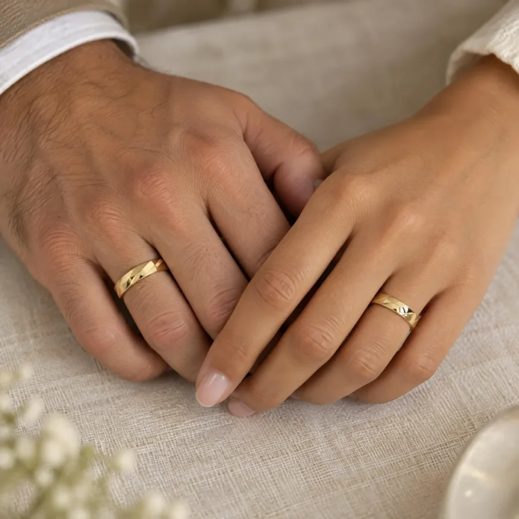 Aliança de Casamento Diamantada em ouro 18k, nas mãos de um casal