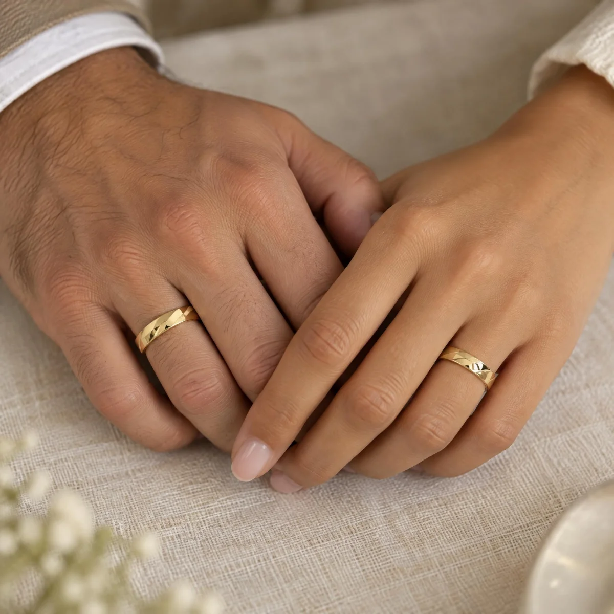 Aliança de Casamento Diamantada em ouro 18k, nas mãos de um casal