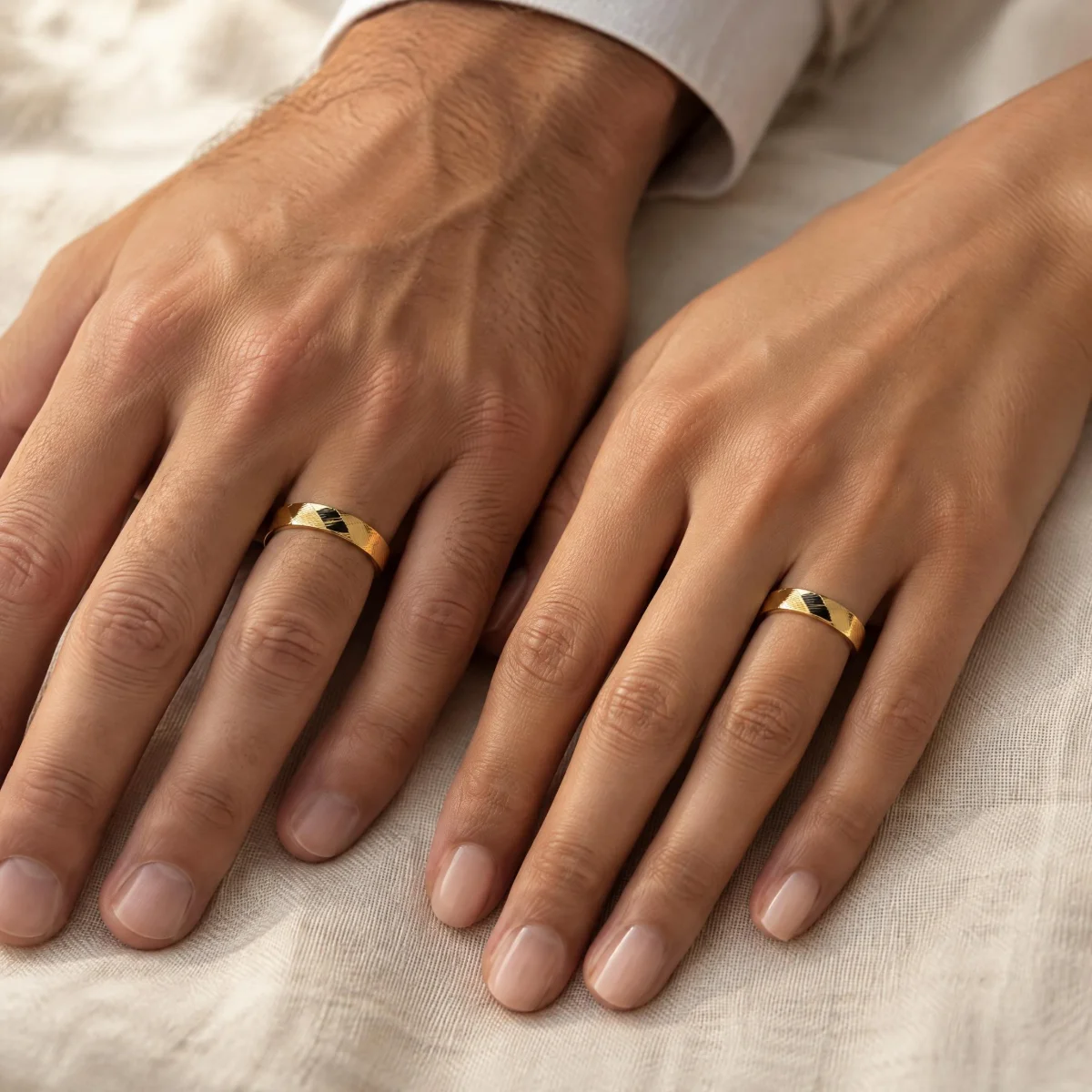 Aliança de Casamento Diamantada em Listras em ouro 18k, nas mãos de um casal