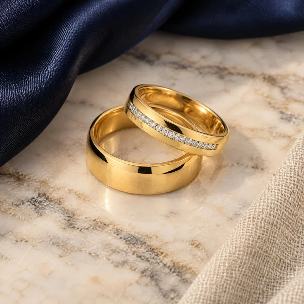 Aliança de Casamento Larga Abaulada e Cravejada em ouro 18k, em foto de estúdio