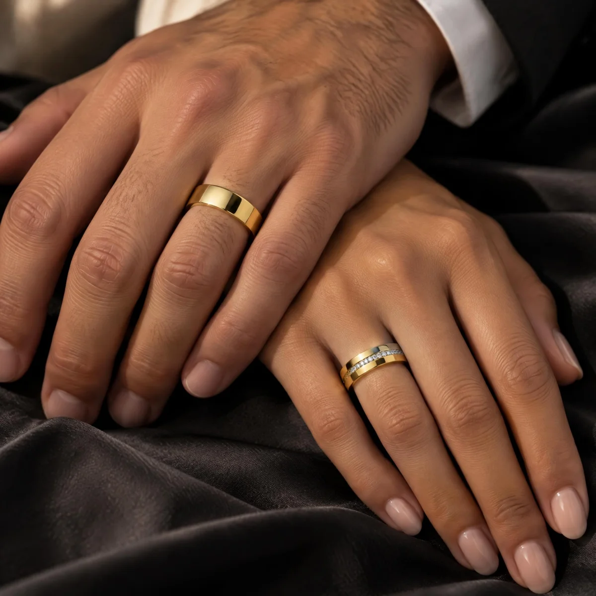Aliança de Casamento Larga Abaulada e Cravejada em ouro 18k, nas mãos de um casal