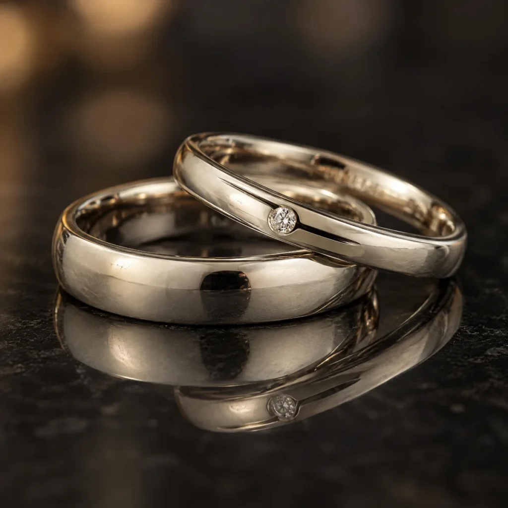 Aliança de Casamento Ouro Branco com Pedra, em foto de estúdio