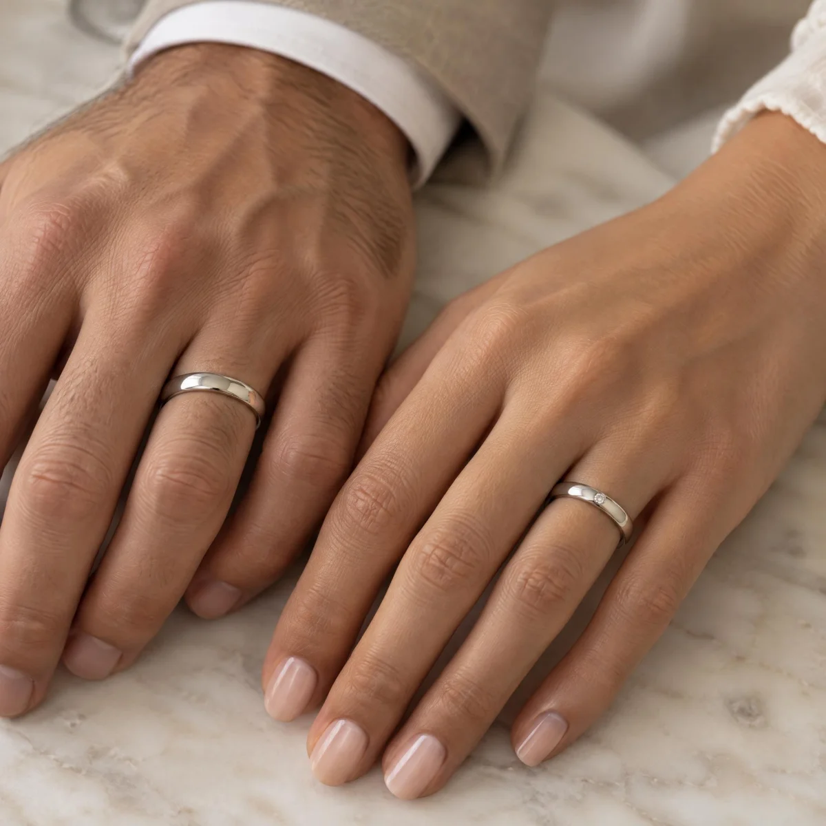 Aliança de Casamento Ouro Branco com Pedra, nas mãos de um casal