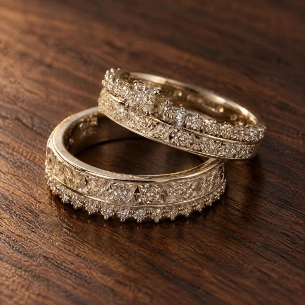 Aliança de Casamento Ouro Branco com Relevo e Pedras, em foto de estúdio