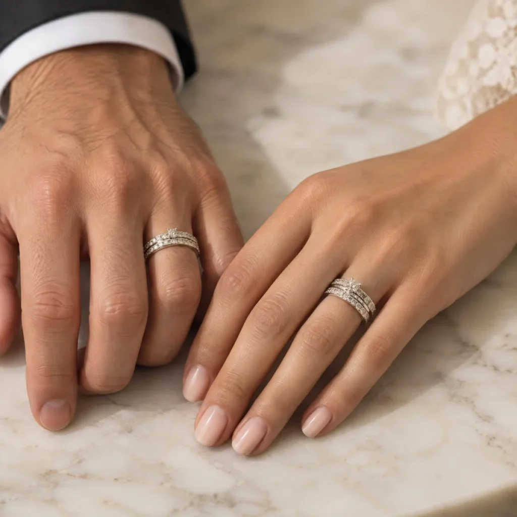 Aliança de Casamento Ouro Branco com Relevo e Pedras, nas mãos de um casal
