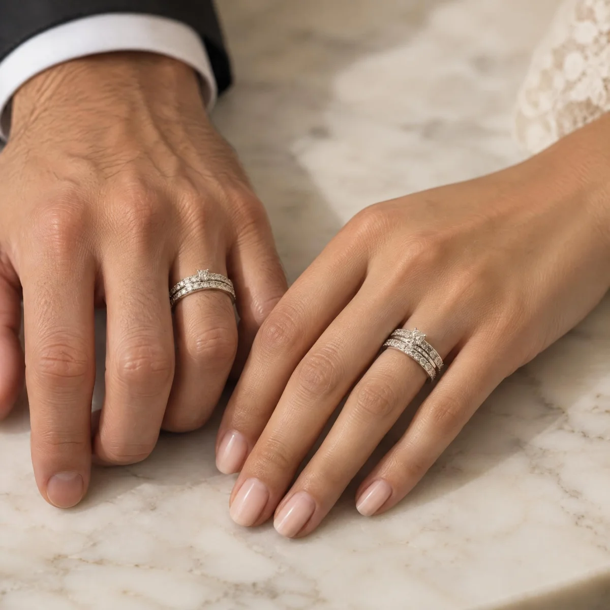 Aliança de Casamento Ouro Branco com Relevo e Pedras, nas mãos de um casal