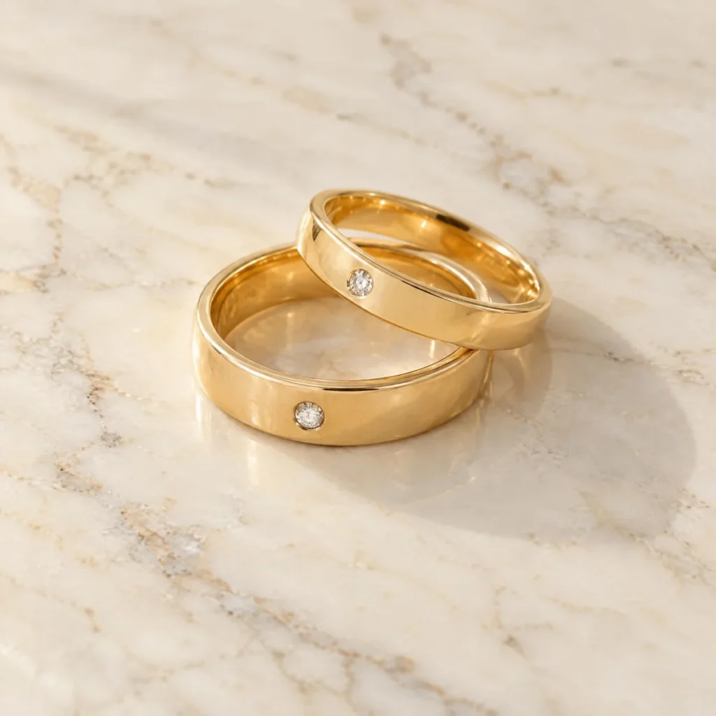 Aliança de Casamento Simples com Pedra em ouro 18k, em foto de estúdio
