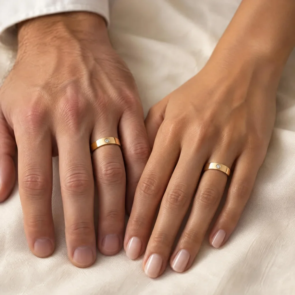 Aliança de Casamento Simples com Pedra em ouro 18k, nas mãos de um casal