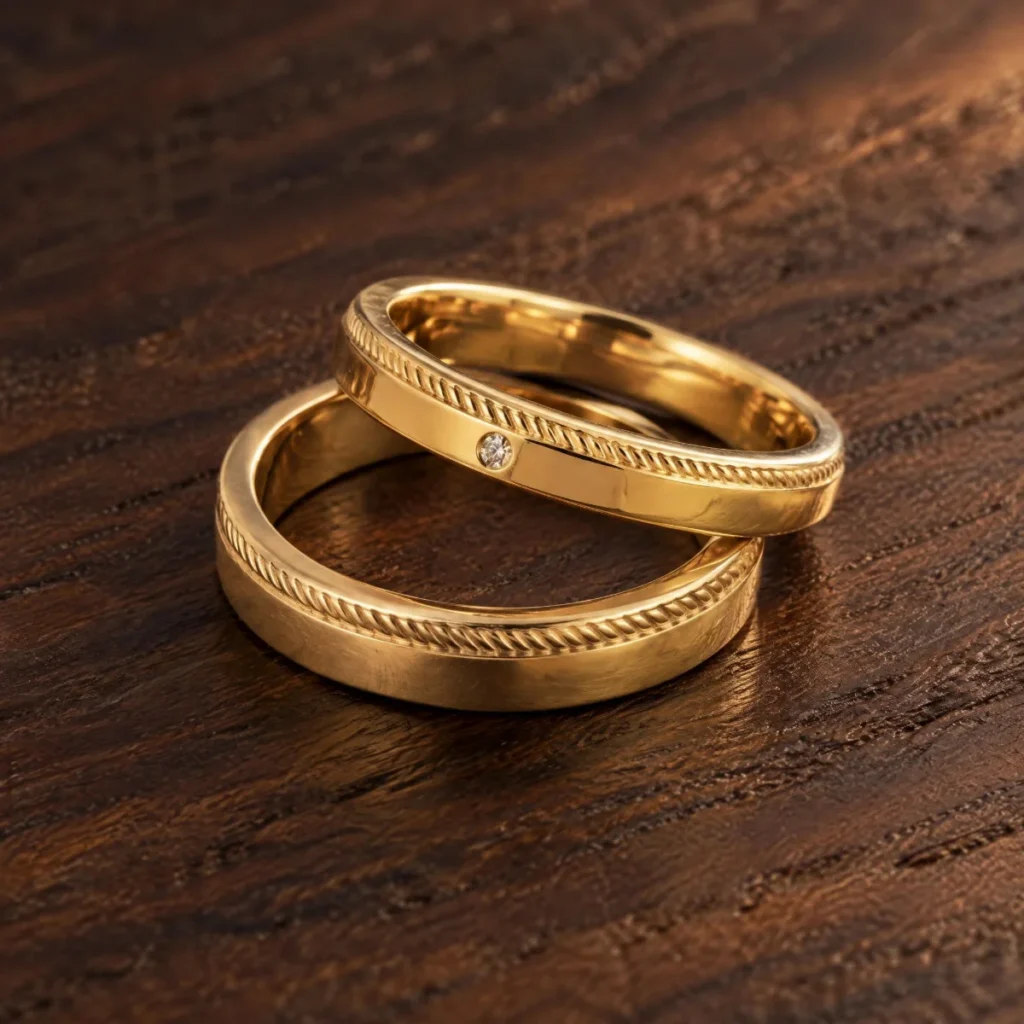Aliança de Casamento Trabalhada com Bordas Trançadas em ouro 18k, em foto de estúdio