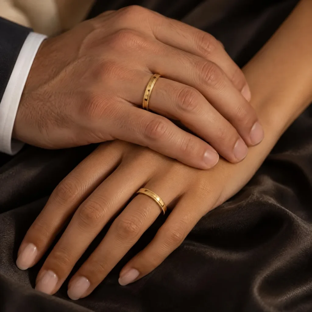 Aliança de Casamento Trabalhada com Bordas Trançadas em ouro 18k, nas mãos de um casal