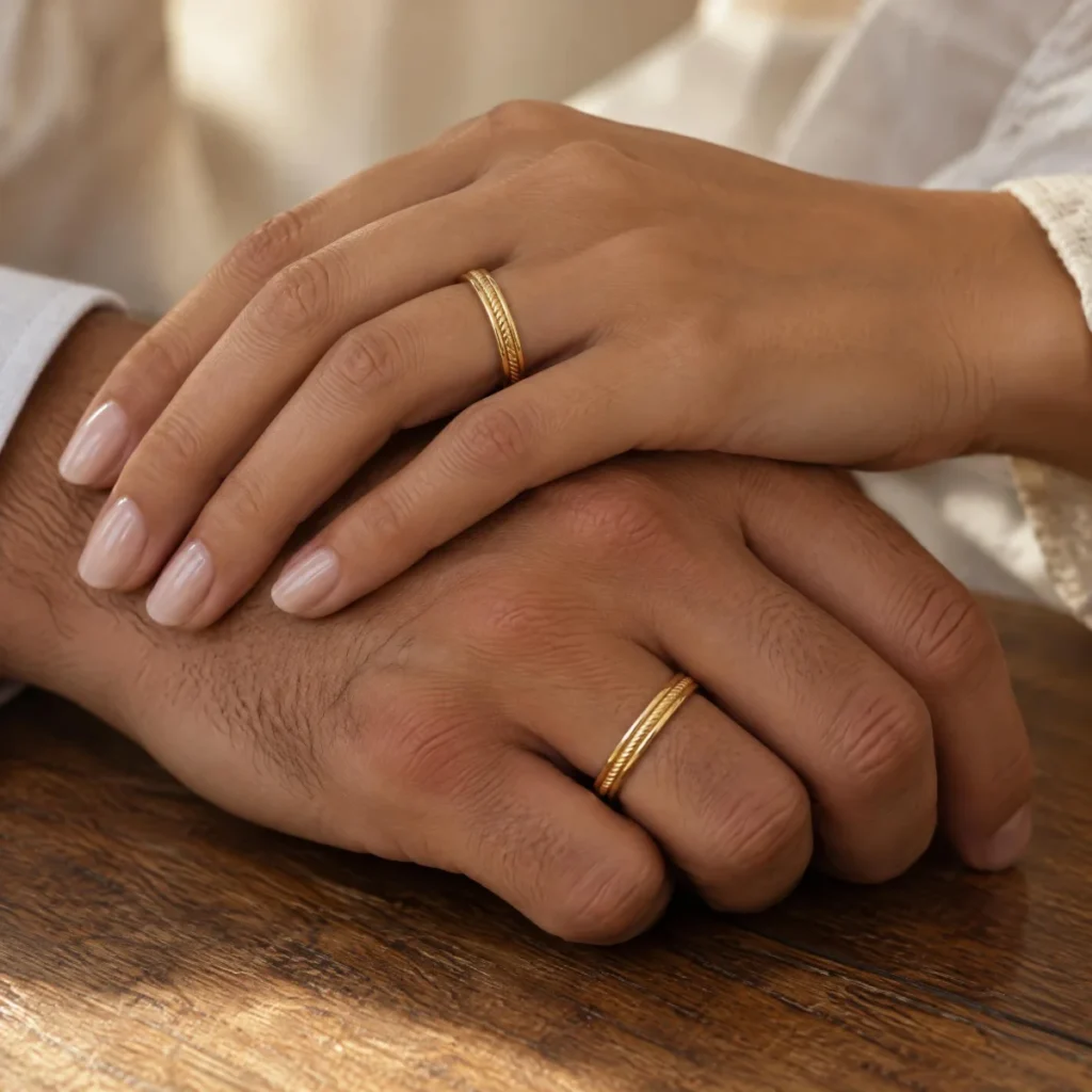 Aliança de Casamento Trabalhada com Friso Cordão em ouro 18k, nas mãos de um casal