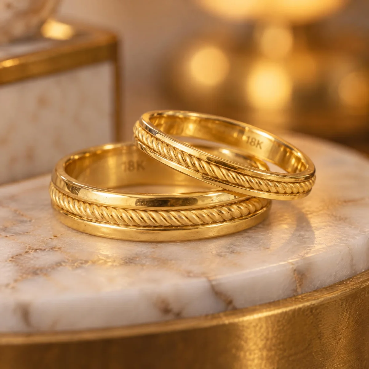 Aliança de Casamento Trabalhada com Friso Cordão em ouro 18k, em foto de estúdio