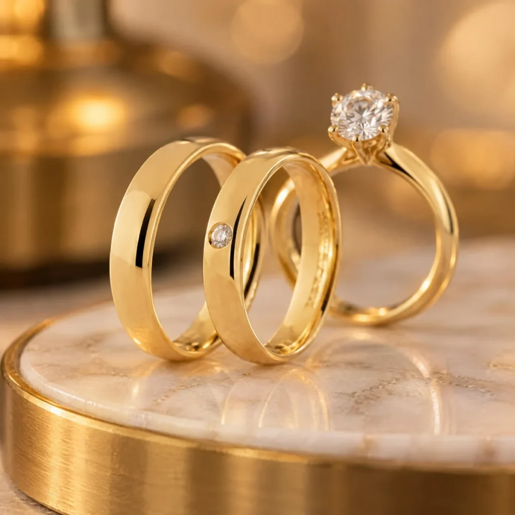 Aliança de Casamento Tradicional com Pedra em ouro 18k, em foto de estúdio