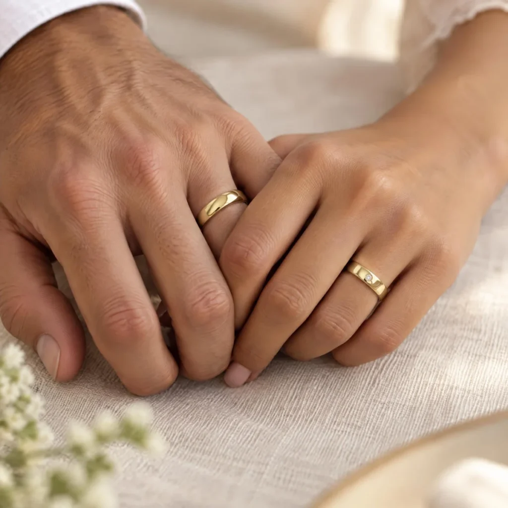 Aliança de Casamento Tradicional com Pedra em ouro 18k, nas mãos de um casal