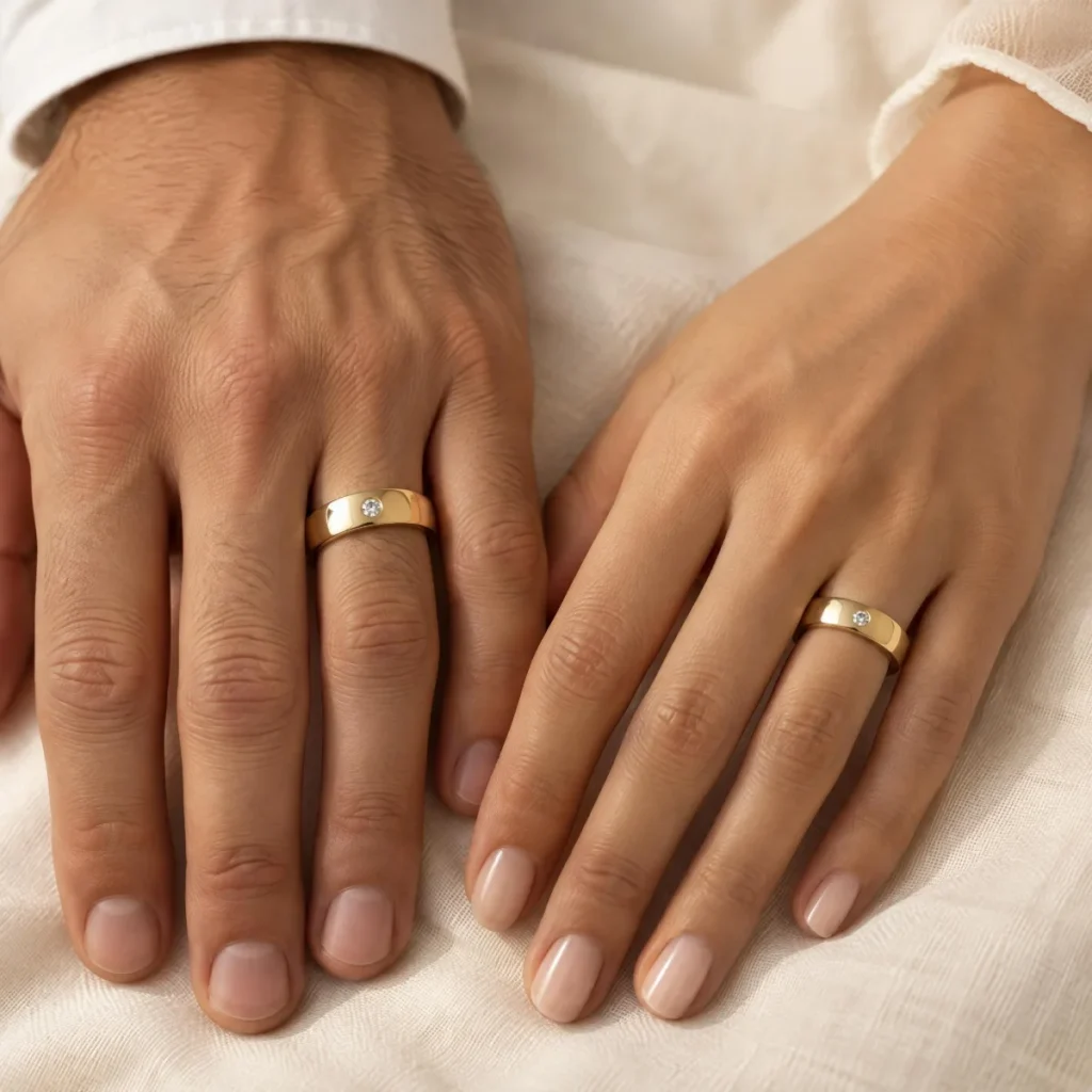 Aliança de Noivado Ouro 18k Abaulada com Pedra, nas mãos de um casal