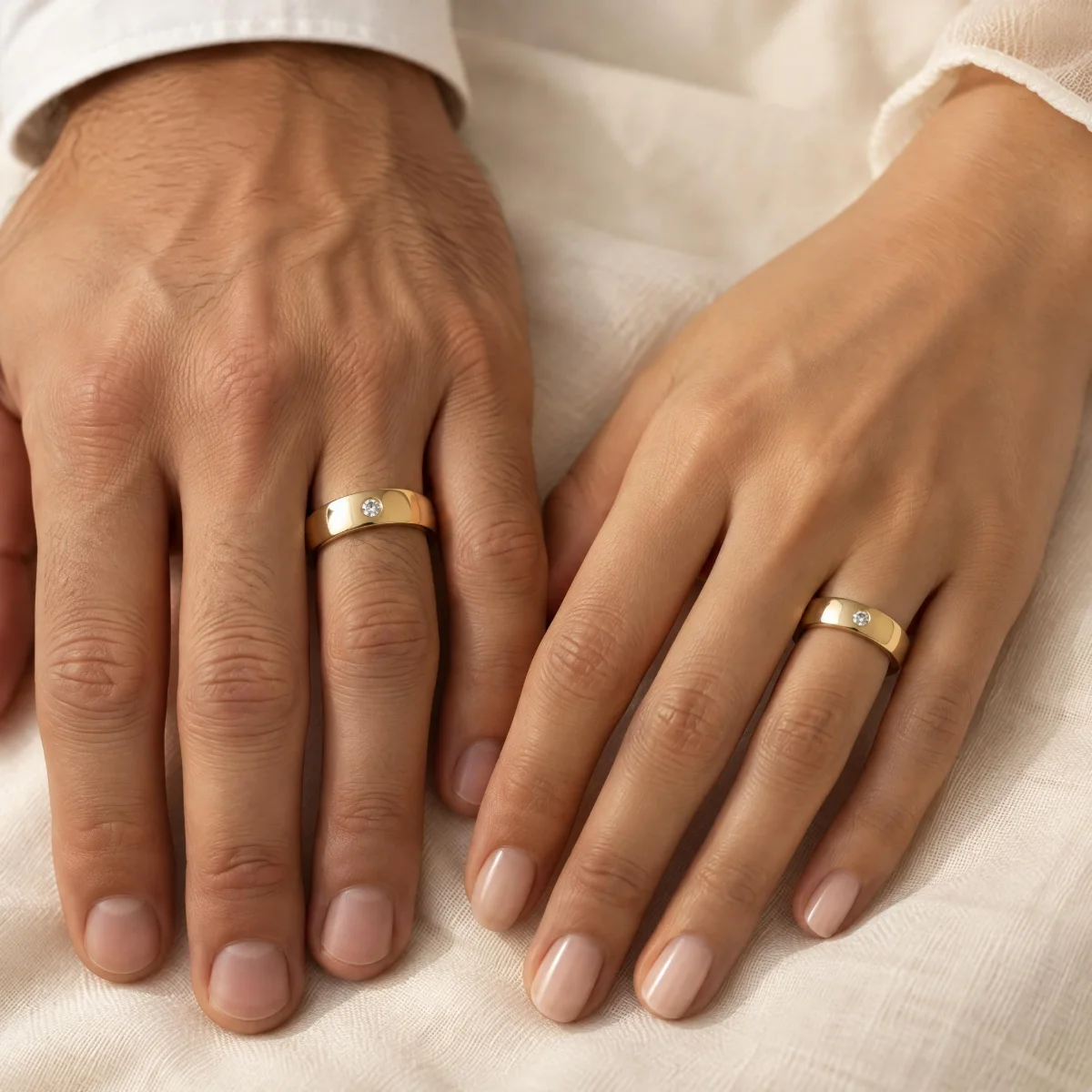 Aliança de Noivado Ouro 18k Abaulada com Pedra, nas mãos de um casal