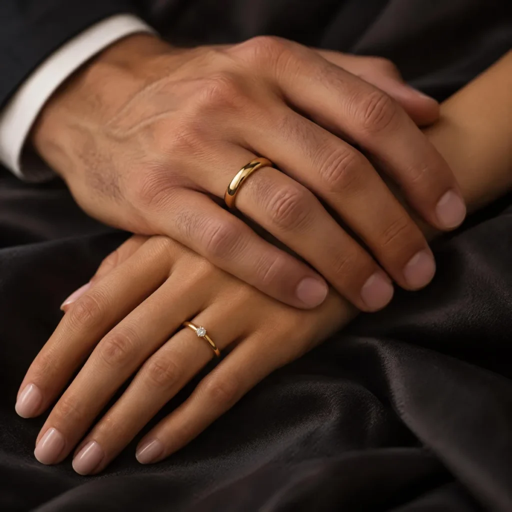 Aliança de Ouro 18k Fina Arredondada com Pedra, nas mãos de um casal