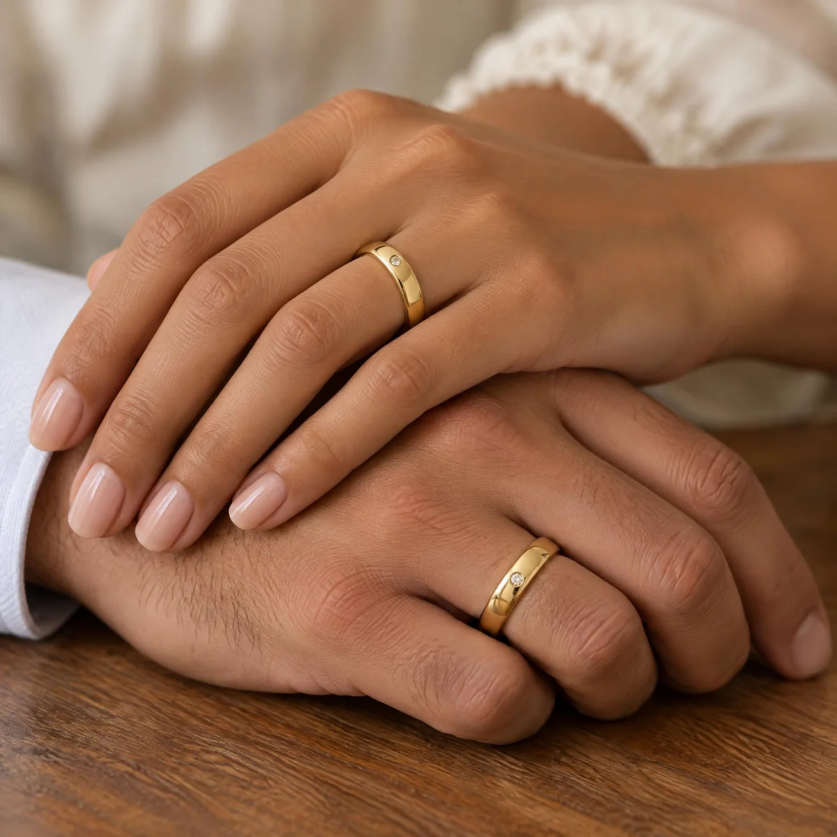 Aliança de Ouro com Pedra Abaulada, nas mãos de um casal