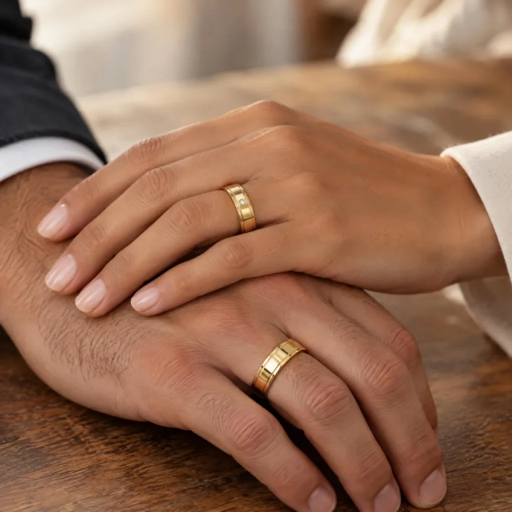 Aliança de Ouro com Pedra e Dois Frisos Paralelos, nas mãos de um casal