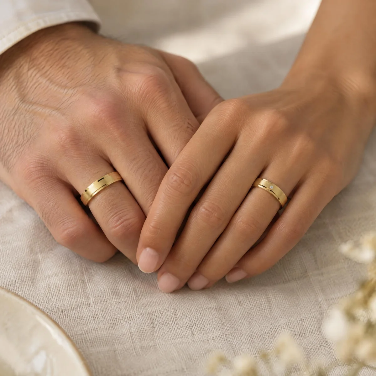 Aliança de Ouro Fosca com Friso e Pedra, nas mãos de um casal