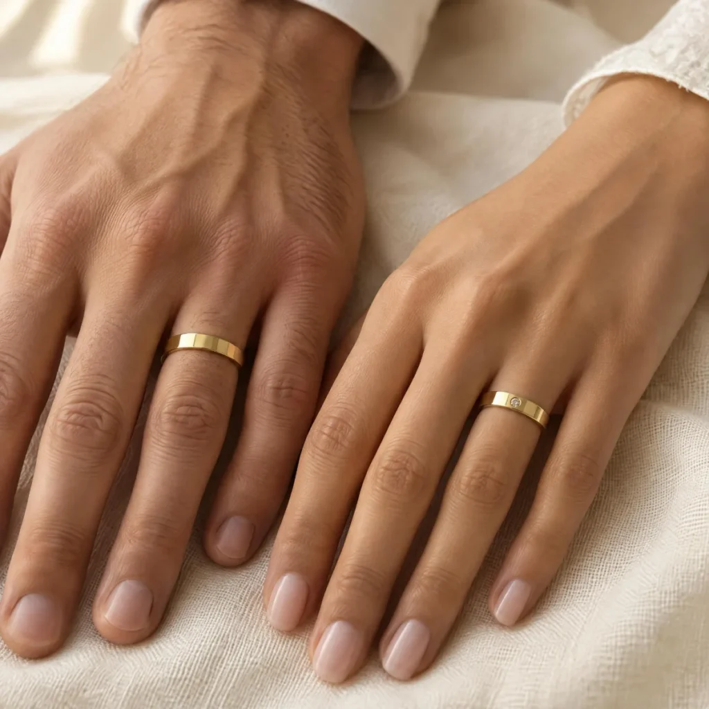 Aliança de Ouro Reta Fina com Pedra, nas mãos de um casal